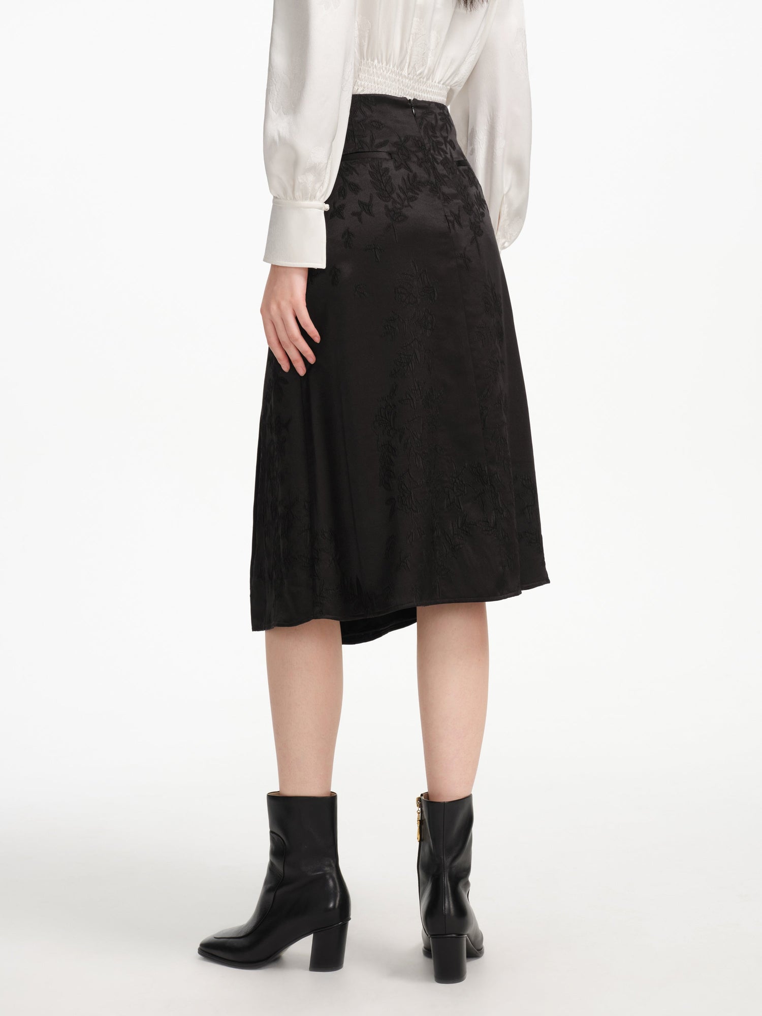 Mulberry Silk Embossed Midi Skirt | Black