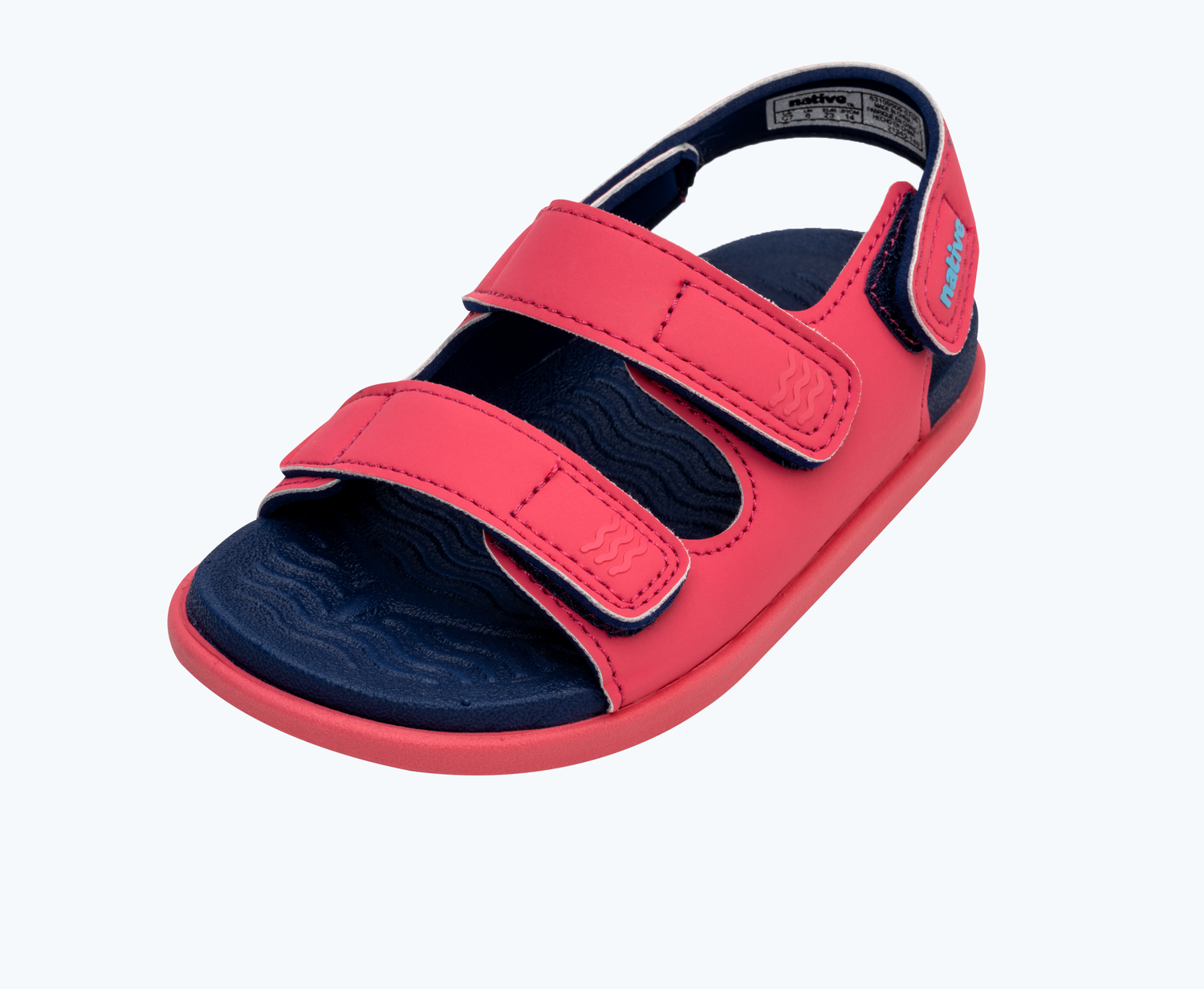 Angled view of a Native Shoes Kids Frankie Sugarlite Kids | Dazzle Pink/ Regatta Blue/ Dazzle Pink Footwear