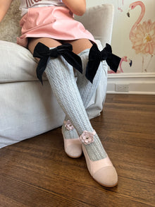 Grey Knee High Socks with Velvet Bows - Petite Maison Kids