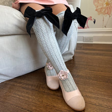 Knee High Socks with Velvet Bows | Grey & Black