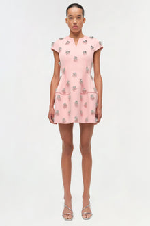 Pink mini dress with silver beaded embellishments throughout, short sleeves, V-neckline, and tiered skirt.