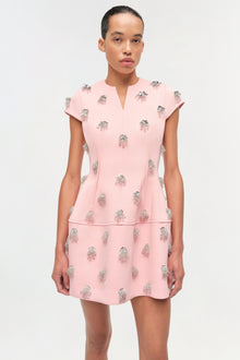 Pink mini dress with silver beaded embellishments, V-neckline, and short cap sleeves.