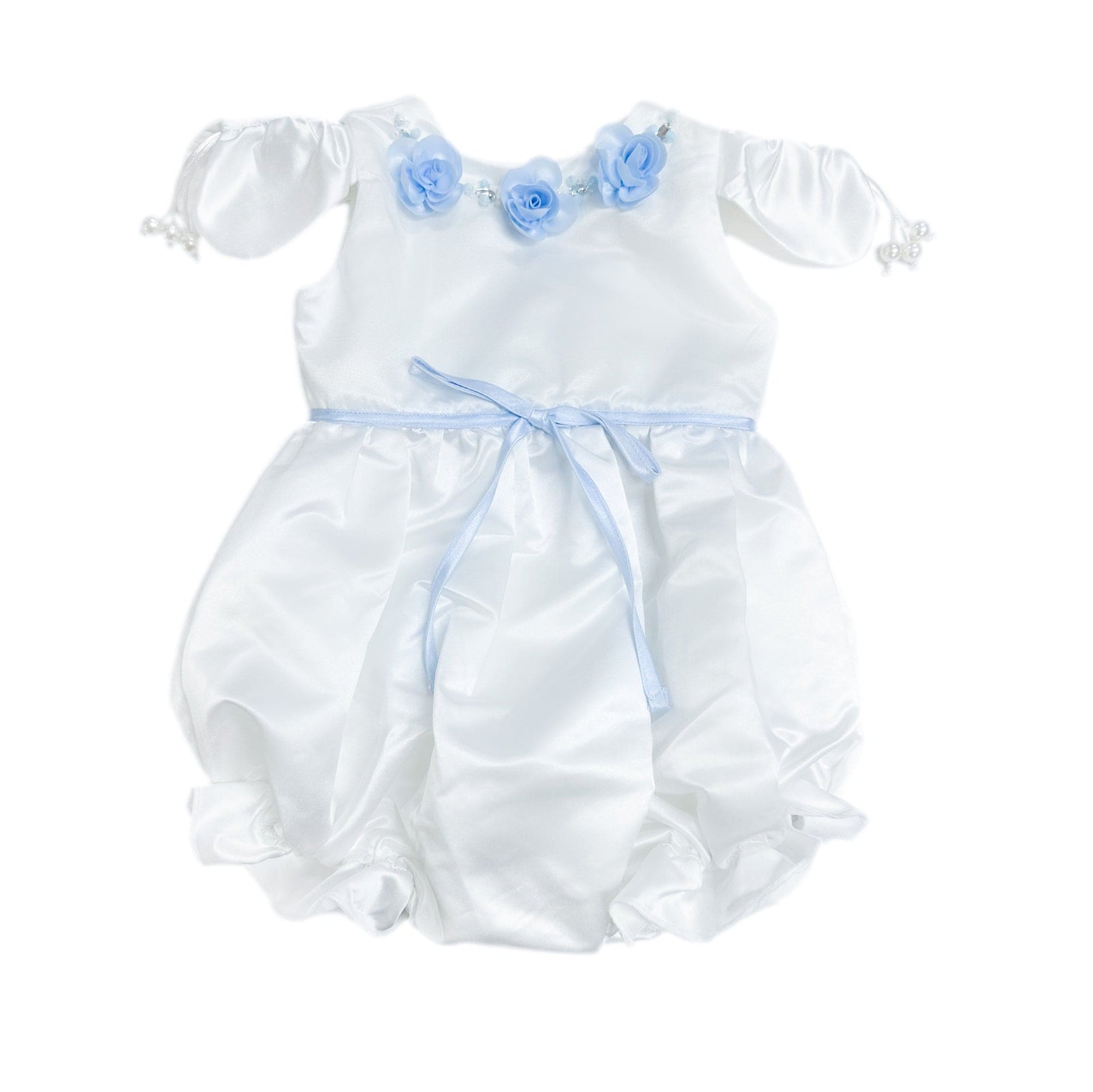 Daphne White Satin Romper with Blue Embroidery | Blue