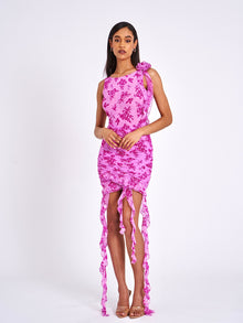 Alaina Floral Ruffle Mesh Dress | Fuchsia