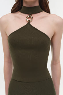 Olive green ribbed wool halter top with gold ring detail at neckline.