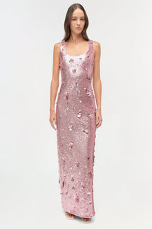 Sleeveless mauve sequin gown with scoop neckline and allover embellishment throughout the fitted bodice and floor-length skir