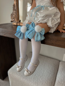 Lana Ruffle Socks with Poms and Bows Bow | Baby Blue