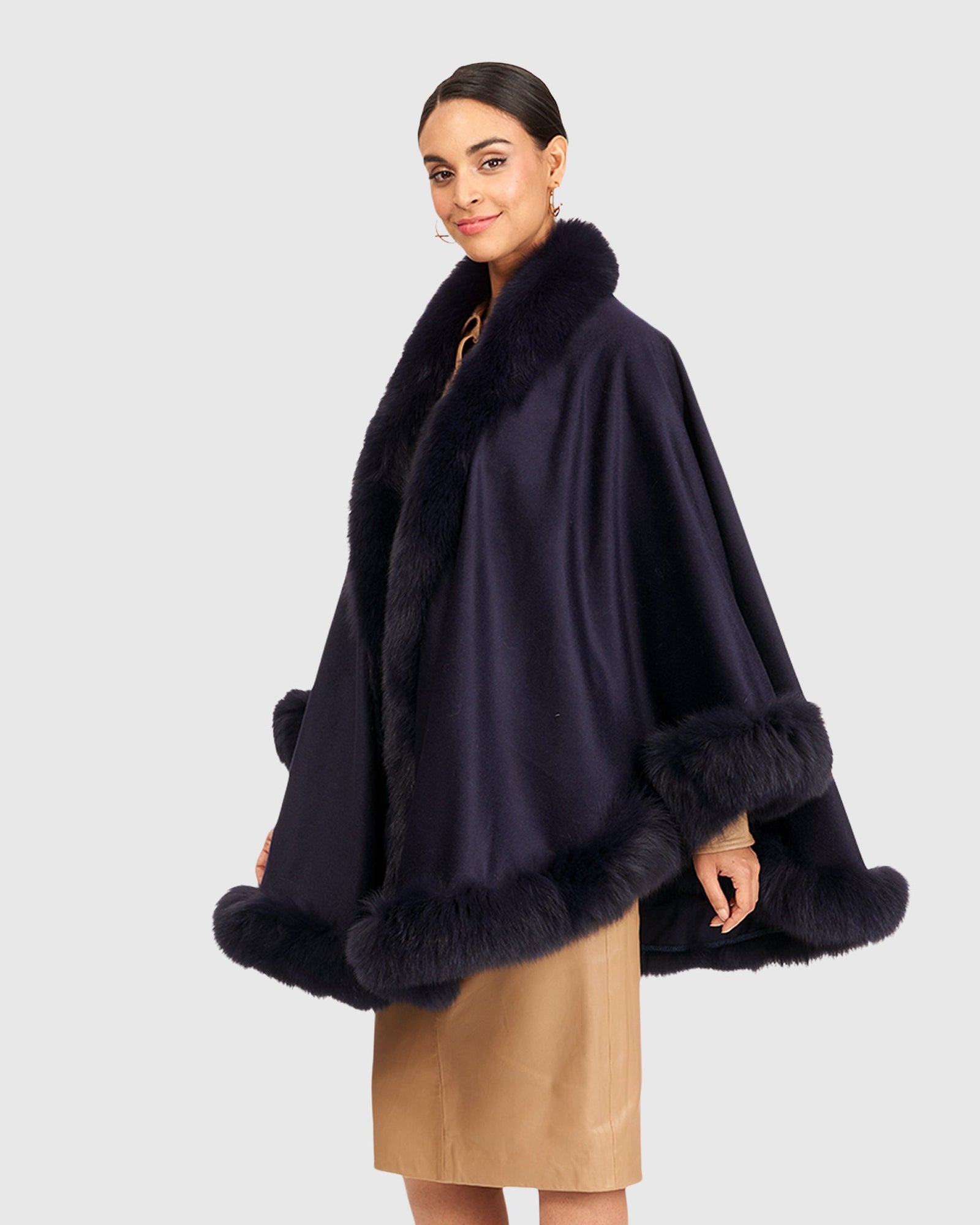 Cashmere Cape with Fox Trim | Navy