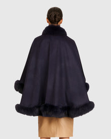 Cashmere Cape with Fox Trim | Navy