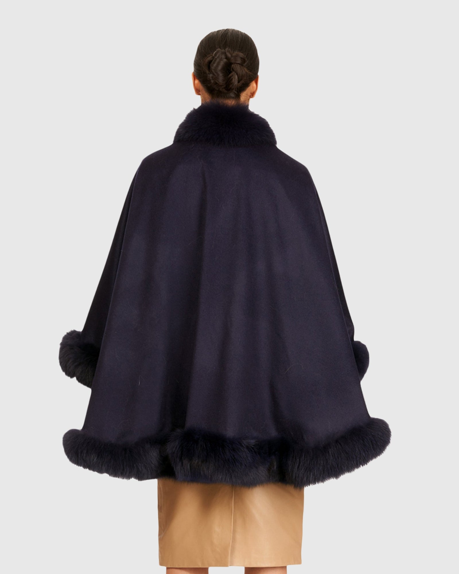 Cashmere Cape with Fox Trim | Navy
