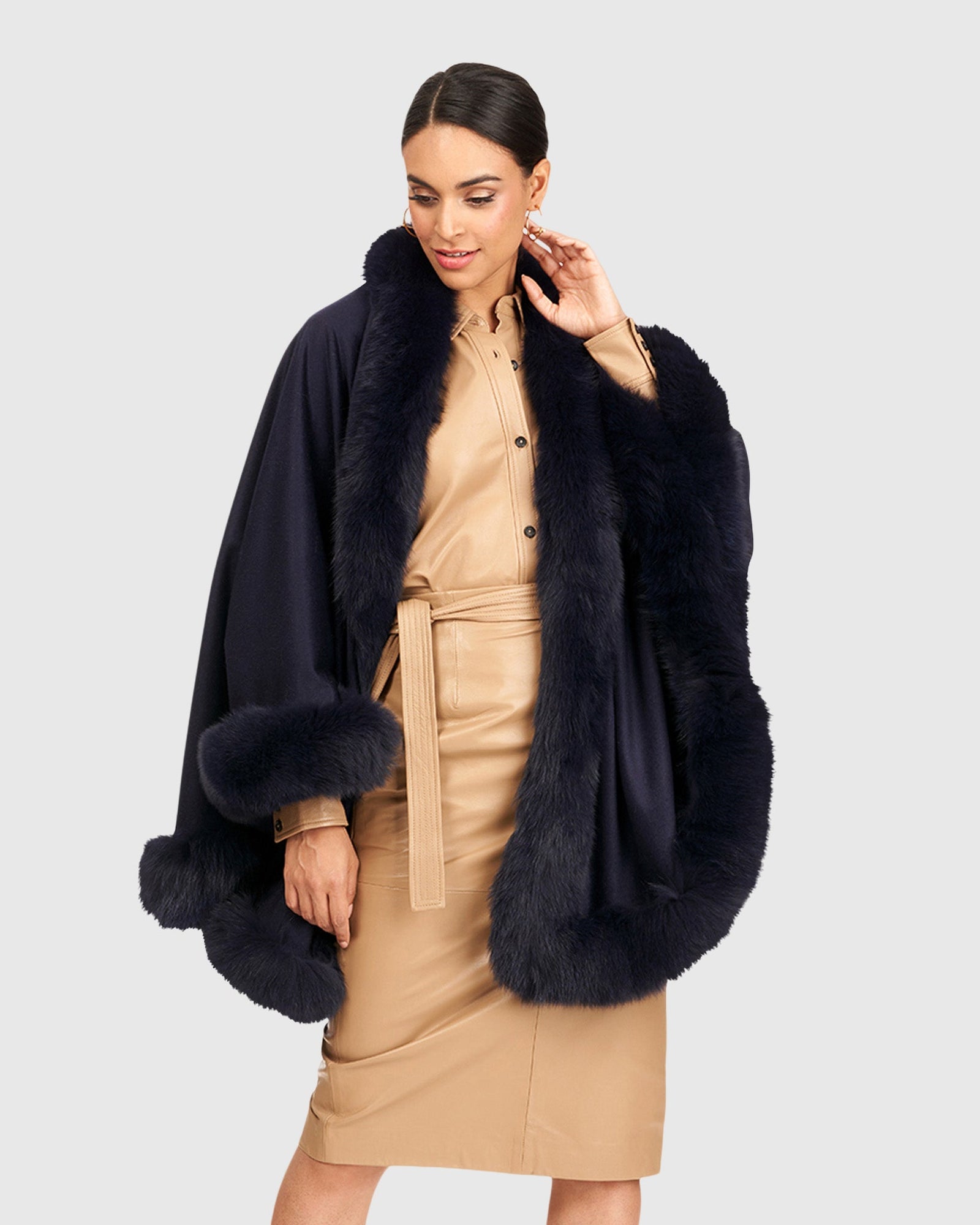 Cashmere Cape with Fox Trim | Navy