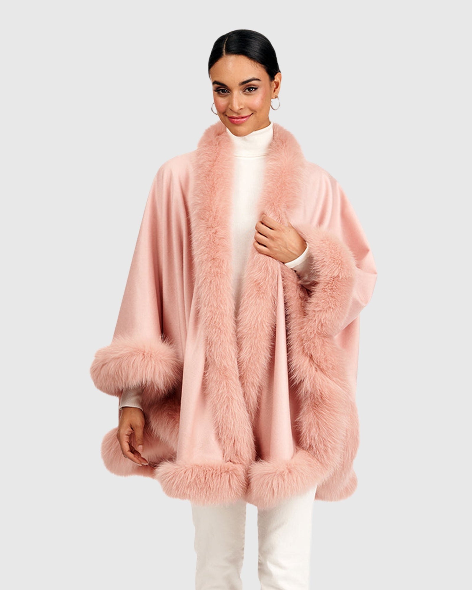 Cashmere Cape with Fox Trim | Light Pink