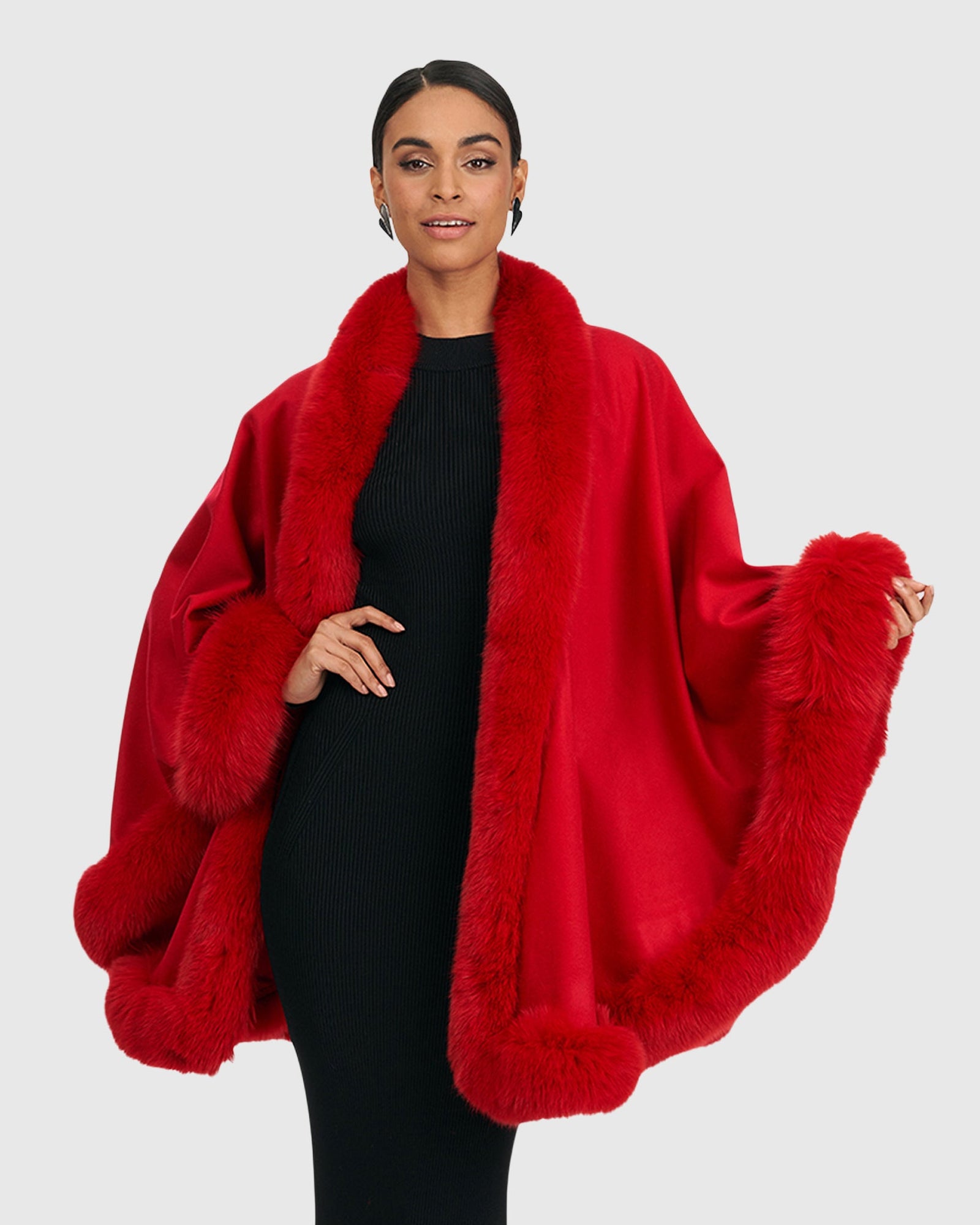 Cashmere Cape with Fox Trim | Red