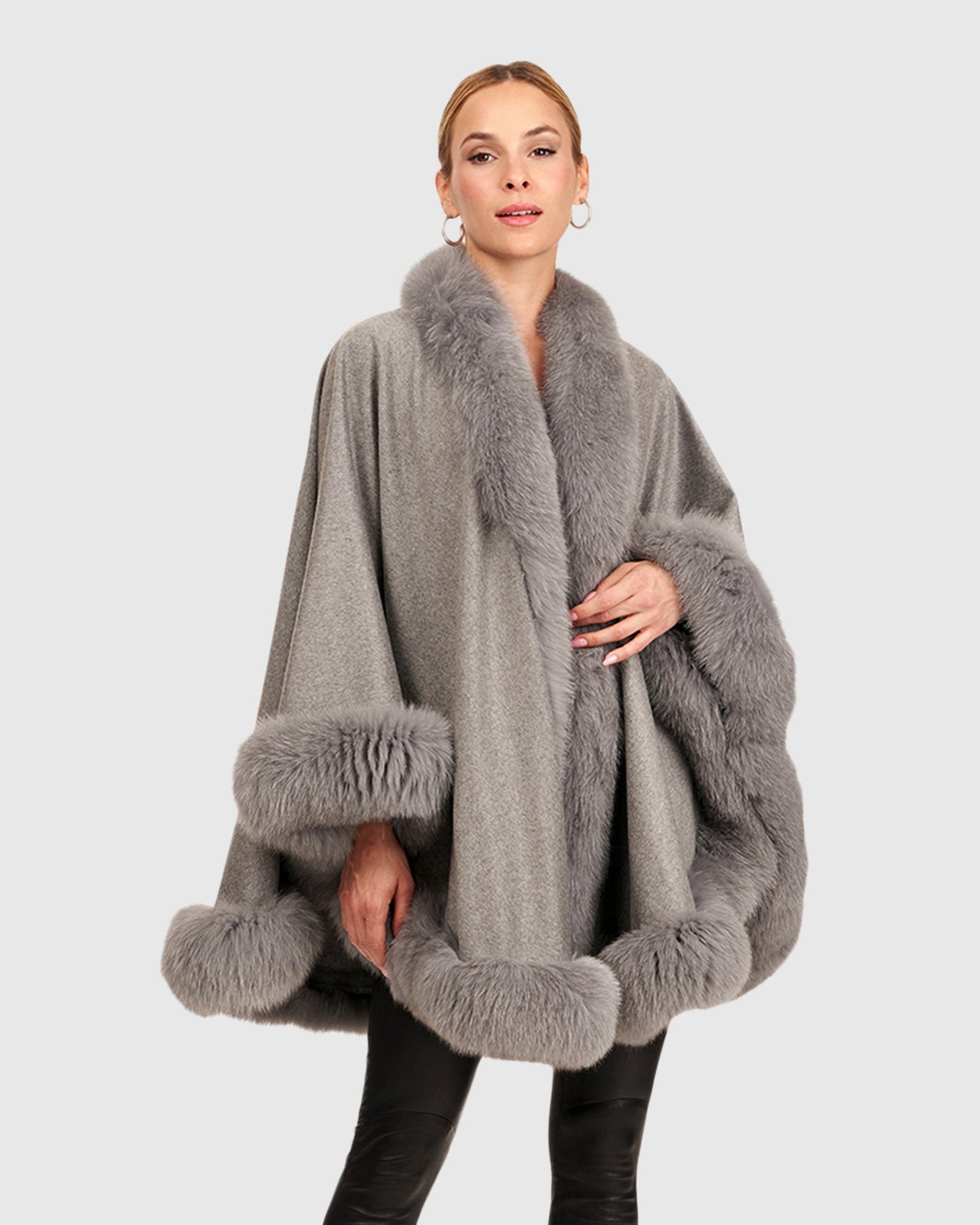 Cashmere Cape with Fox Trim | Light Gray