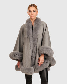 Cashmere Cape with Fox Trim | Light Gray