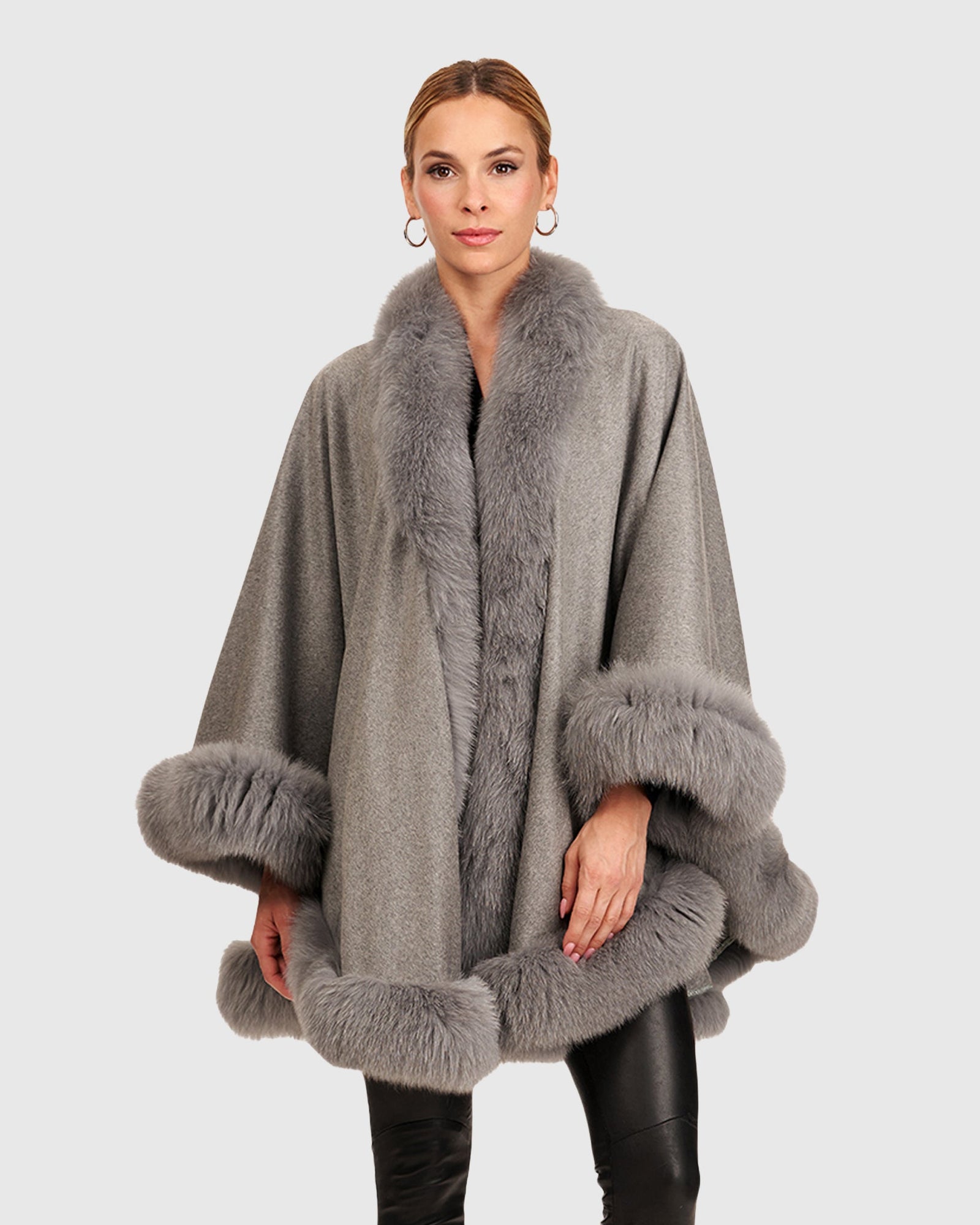 Cashmere Cape with Fox Trim | Light Gray