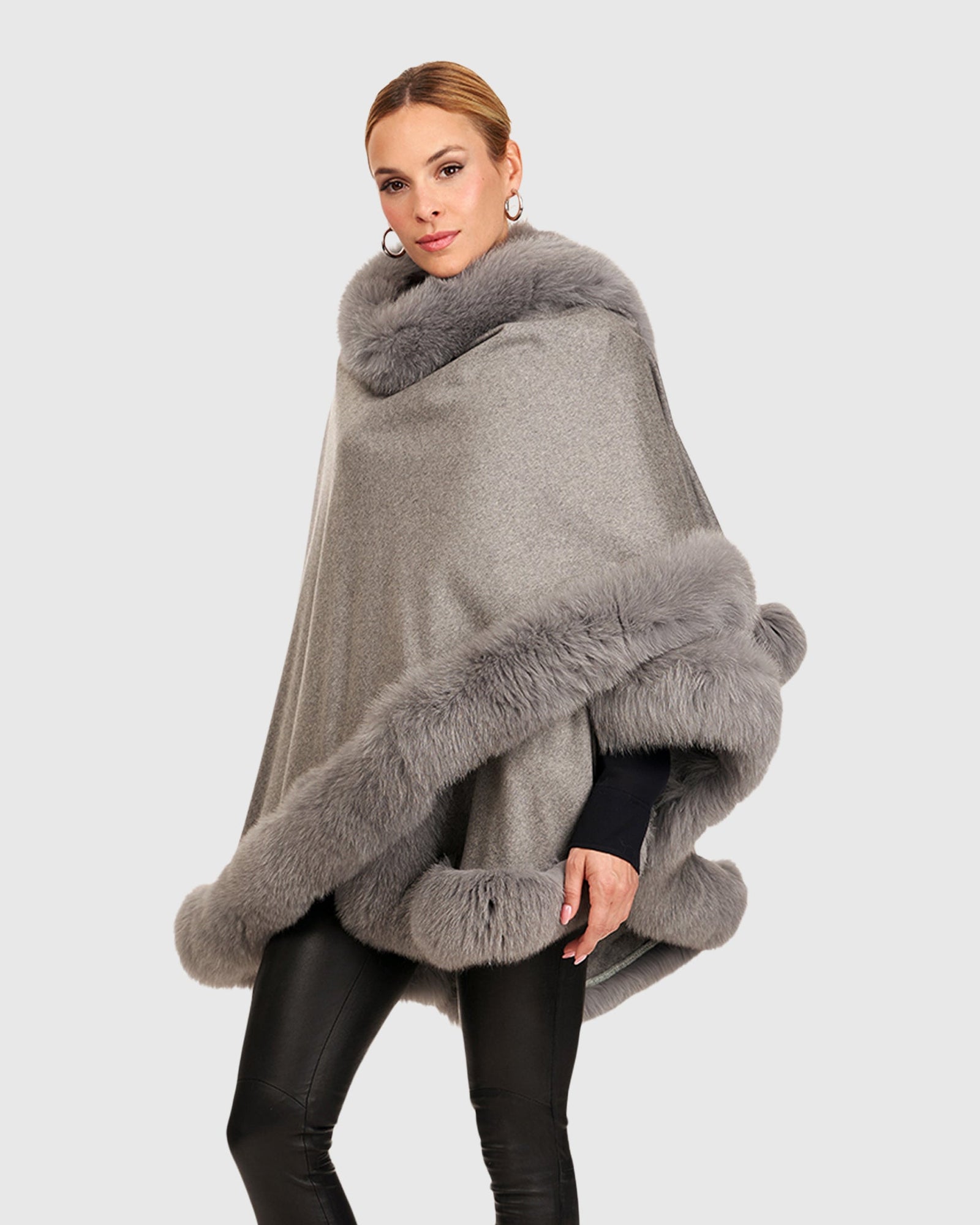 Cashmere Cape with Fox Trim | Light Gray