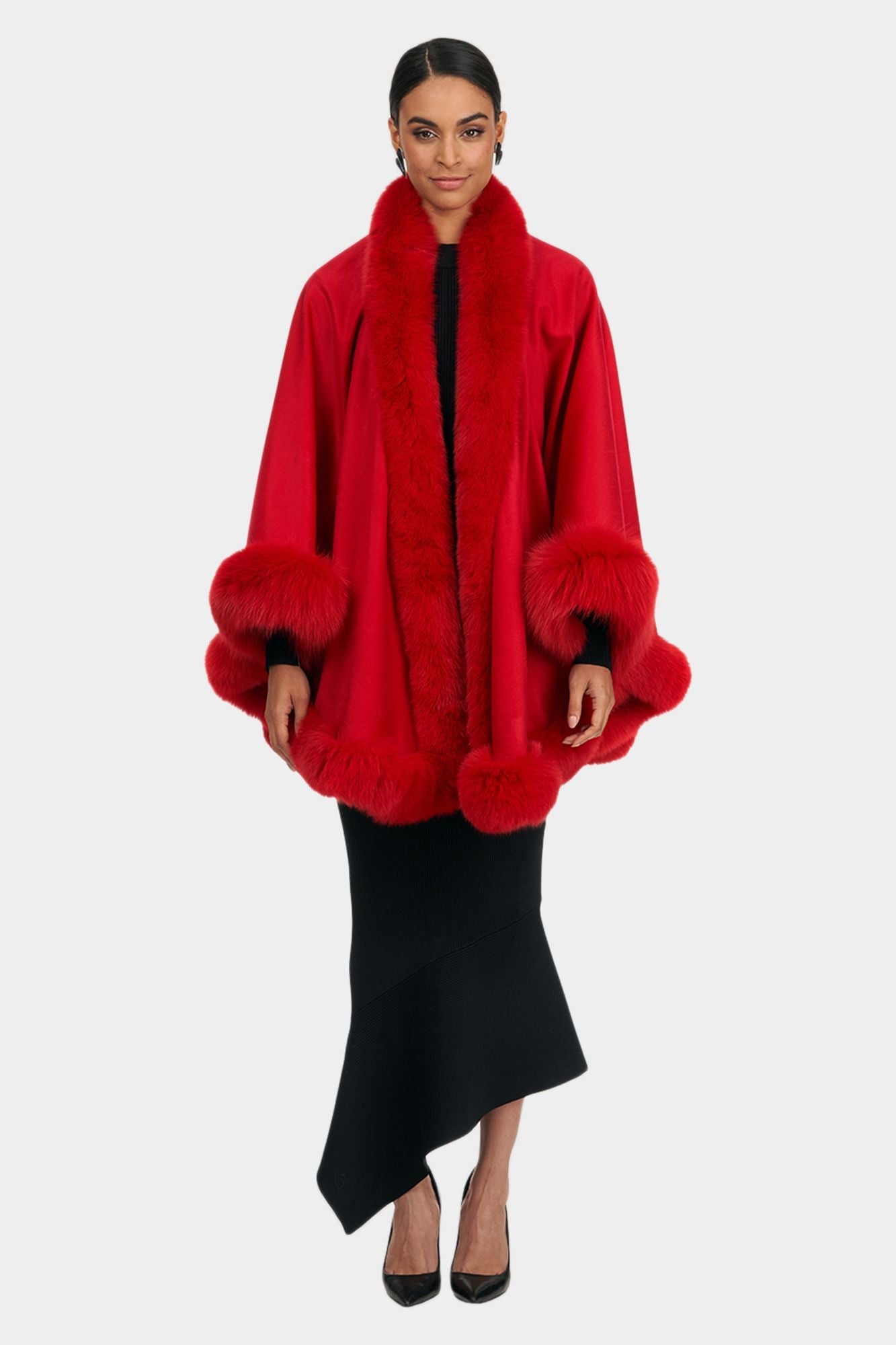 Cashmere Cape With Shadow Fox Trim | Women | Red