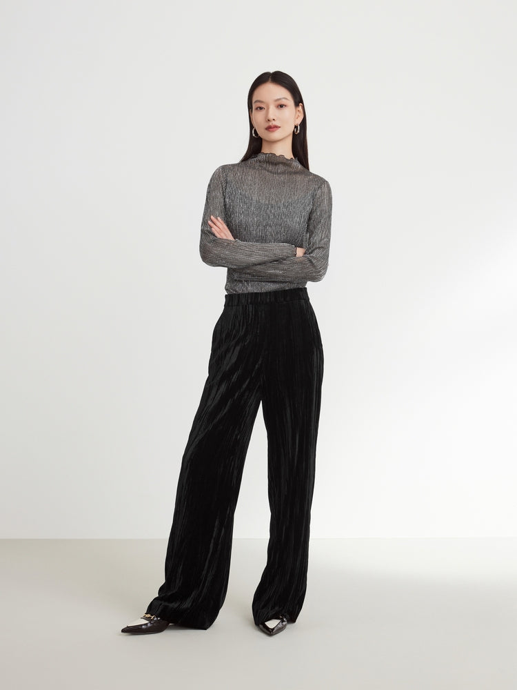 Velvet Pleated Wide Leg Pants | Black