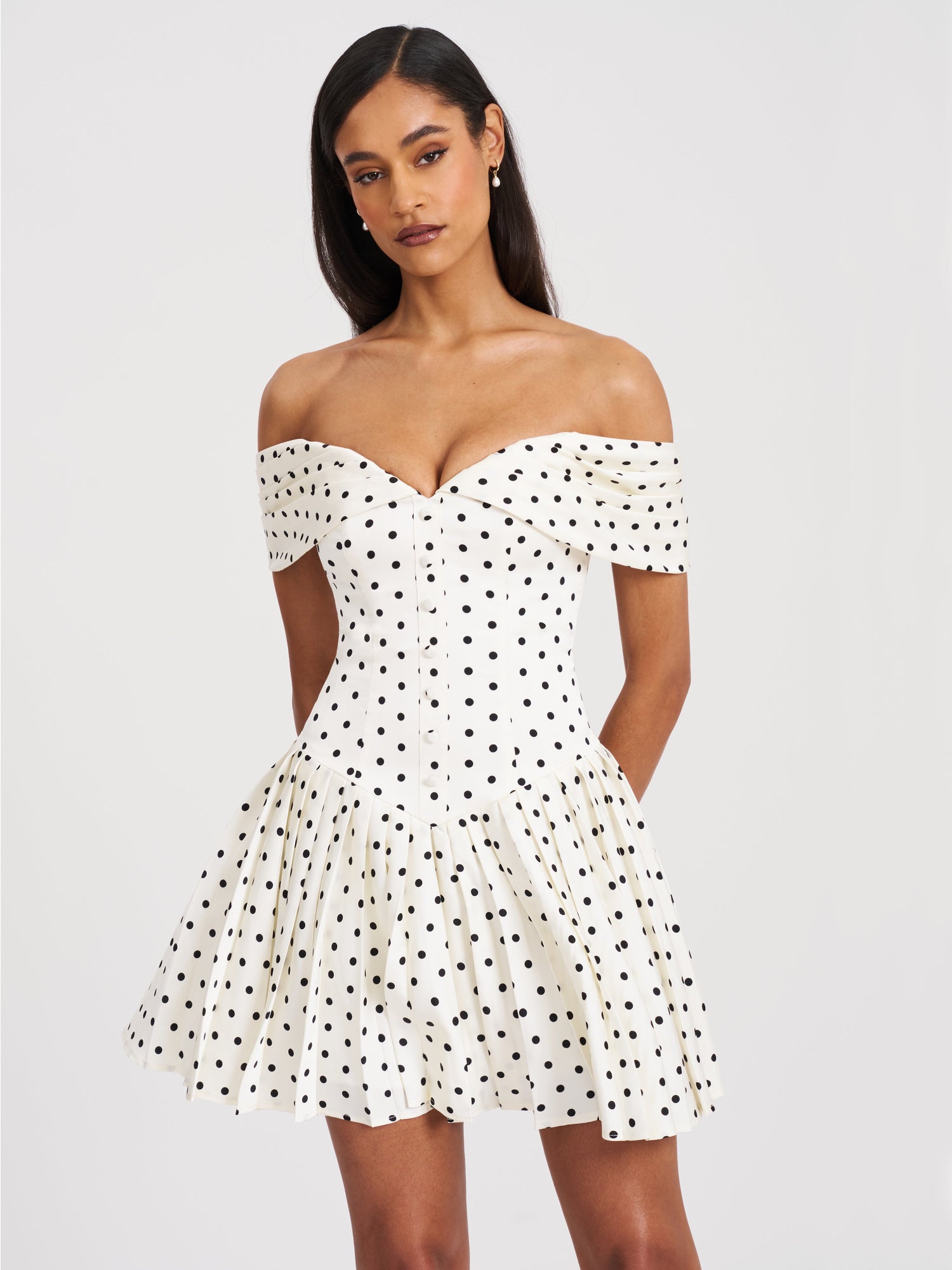 Miss Circle | Edeline Polka Dot Off-shoulder Pleated Mini Dress