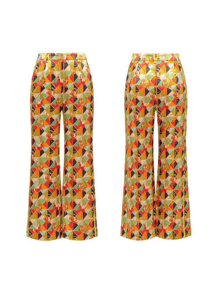 High-Waisted Print Flared Pants | Green