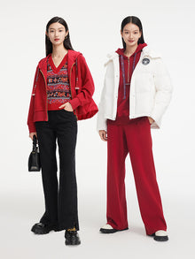 Hooded Cardigan With Embroideried Drawstring | Red