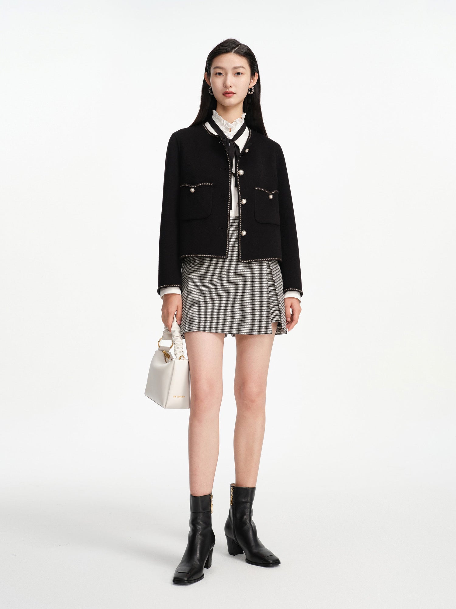 Trimmed Double Woolen Jacket | Black