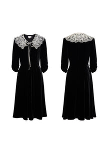 Lace Collar Velvet Knee Length Dress | Black