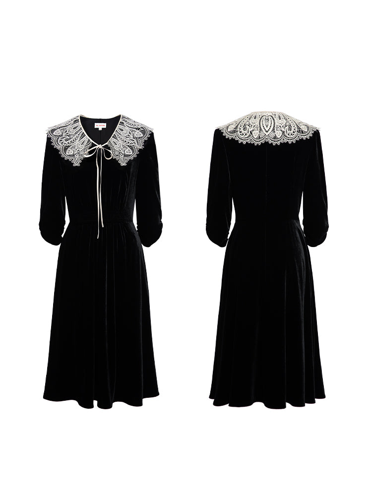 Lace Collar Velvet Knee Length Dress | Black