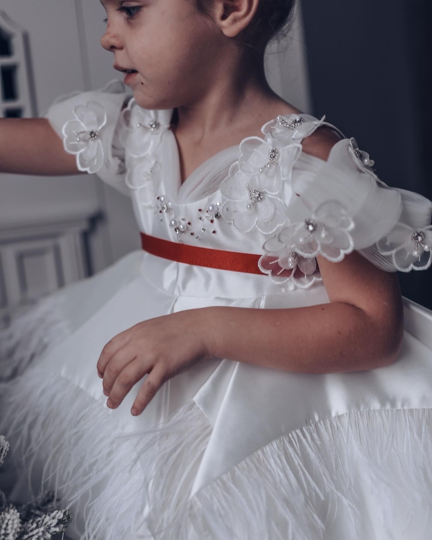 Constanza White Ceremony  Dress with Red Bow | Red