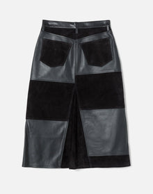 Mid Rise Leather Patchwork Skirt | Black Suede And Leather