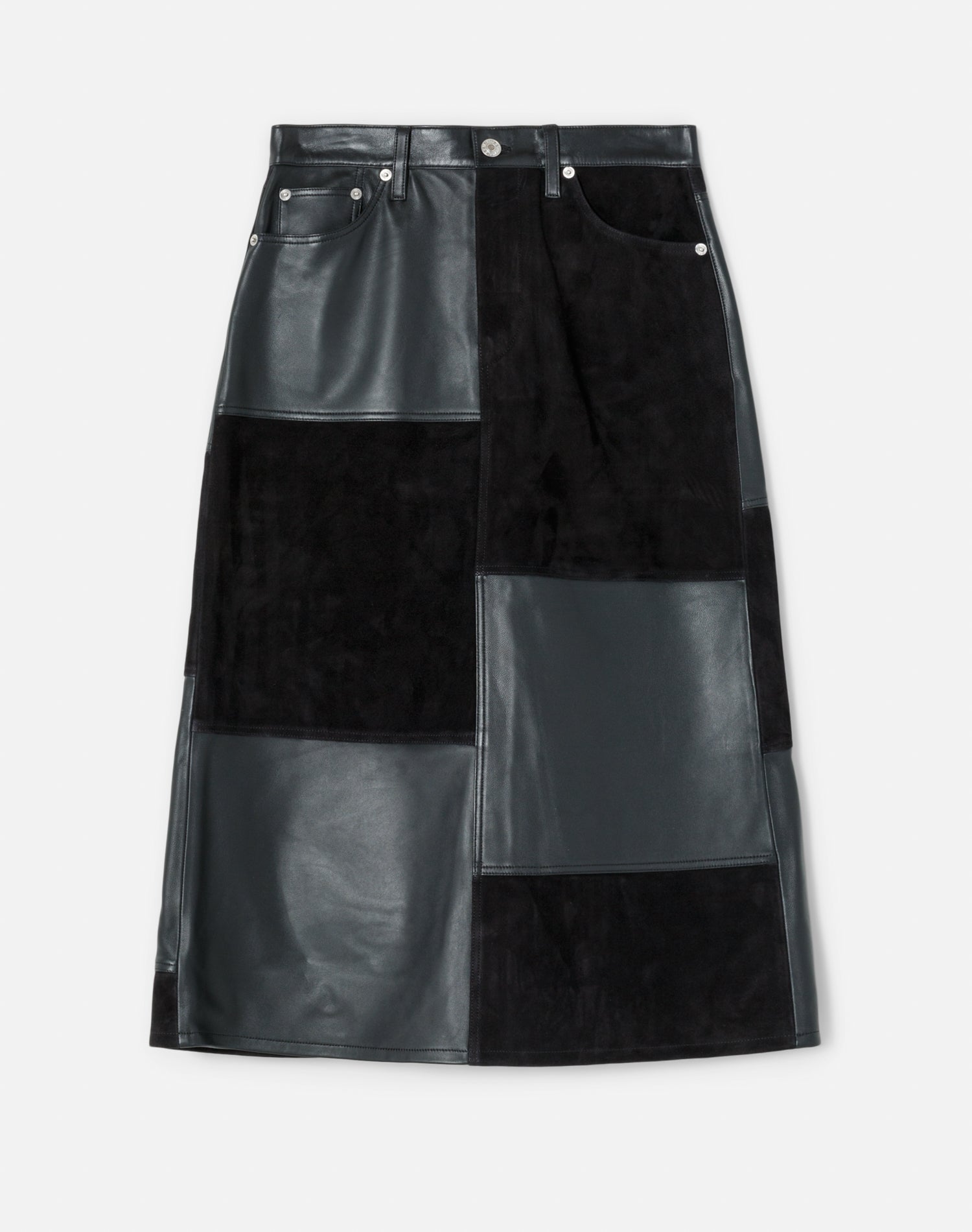 Mid Rise Leather Patchwork Skirt | Black Suede And Leather