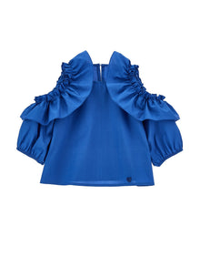 Girls | Lightweight Poplin Top With Flounces | Electric Blue