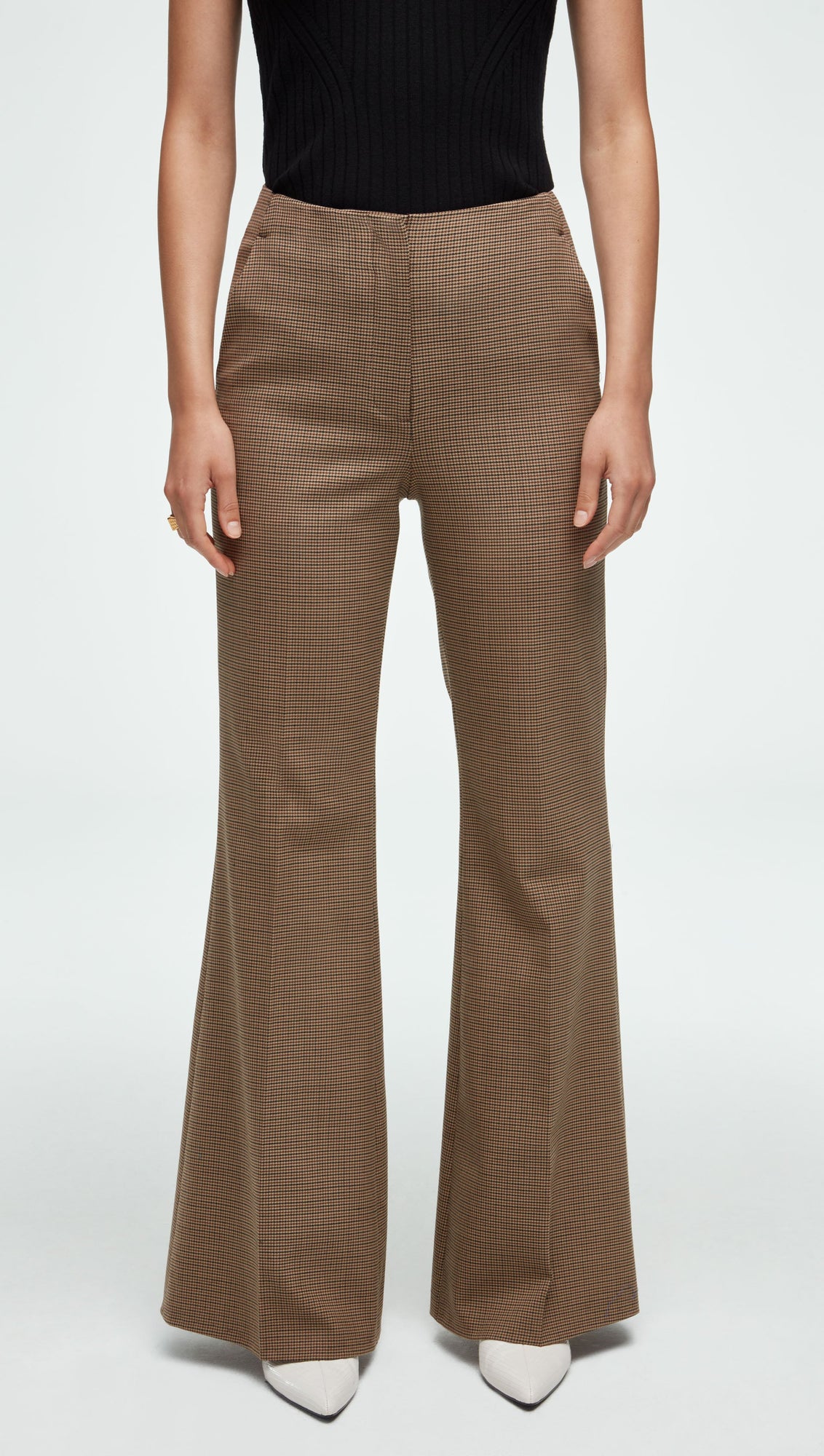 High-Waisted Flare Trouser in Stretch Wool | Brown Houndstooth