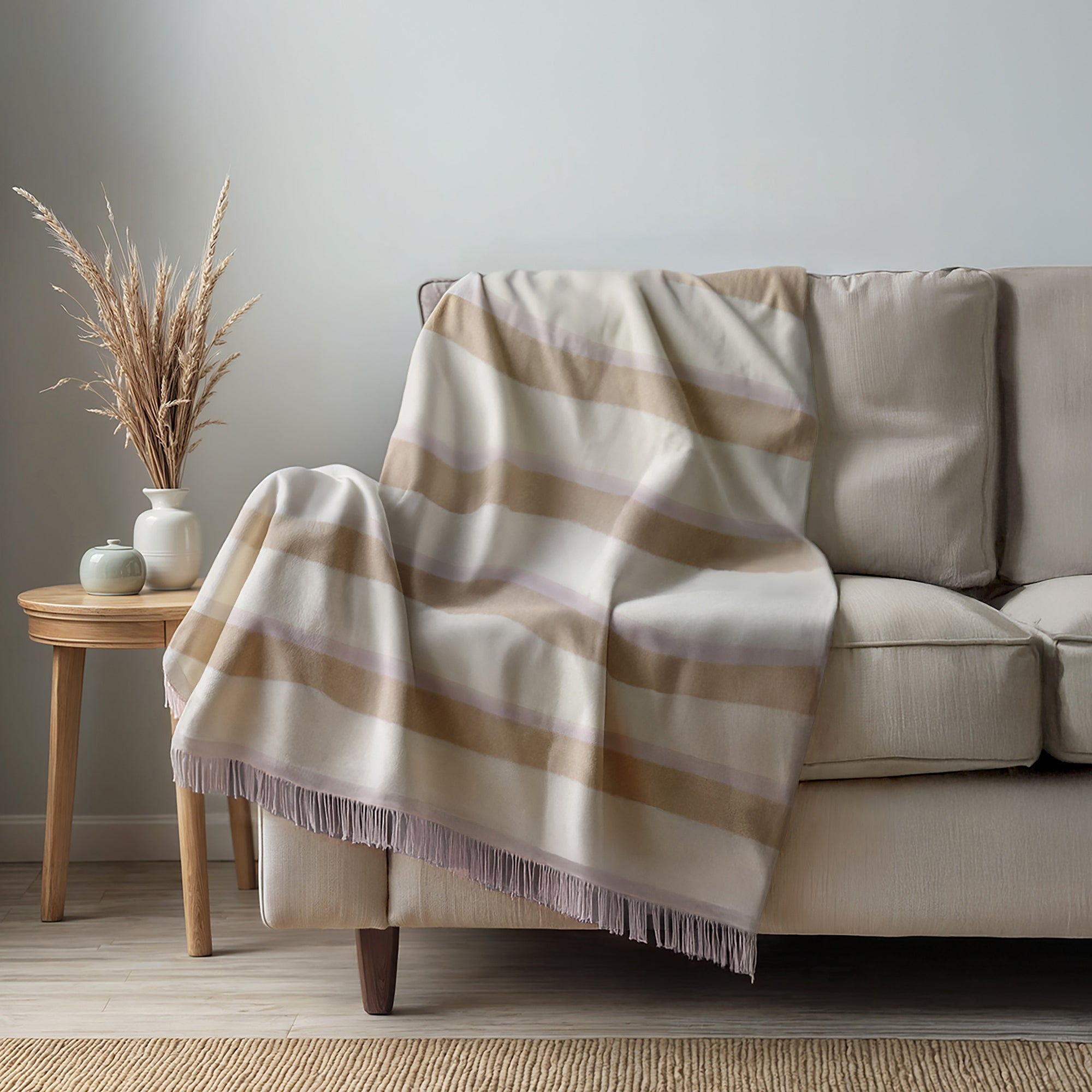 Unisex | Cashmere Striped Throw with Fringes | Misty Rose Combo
