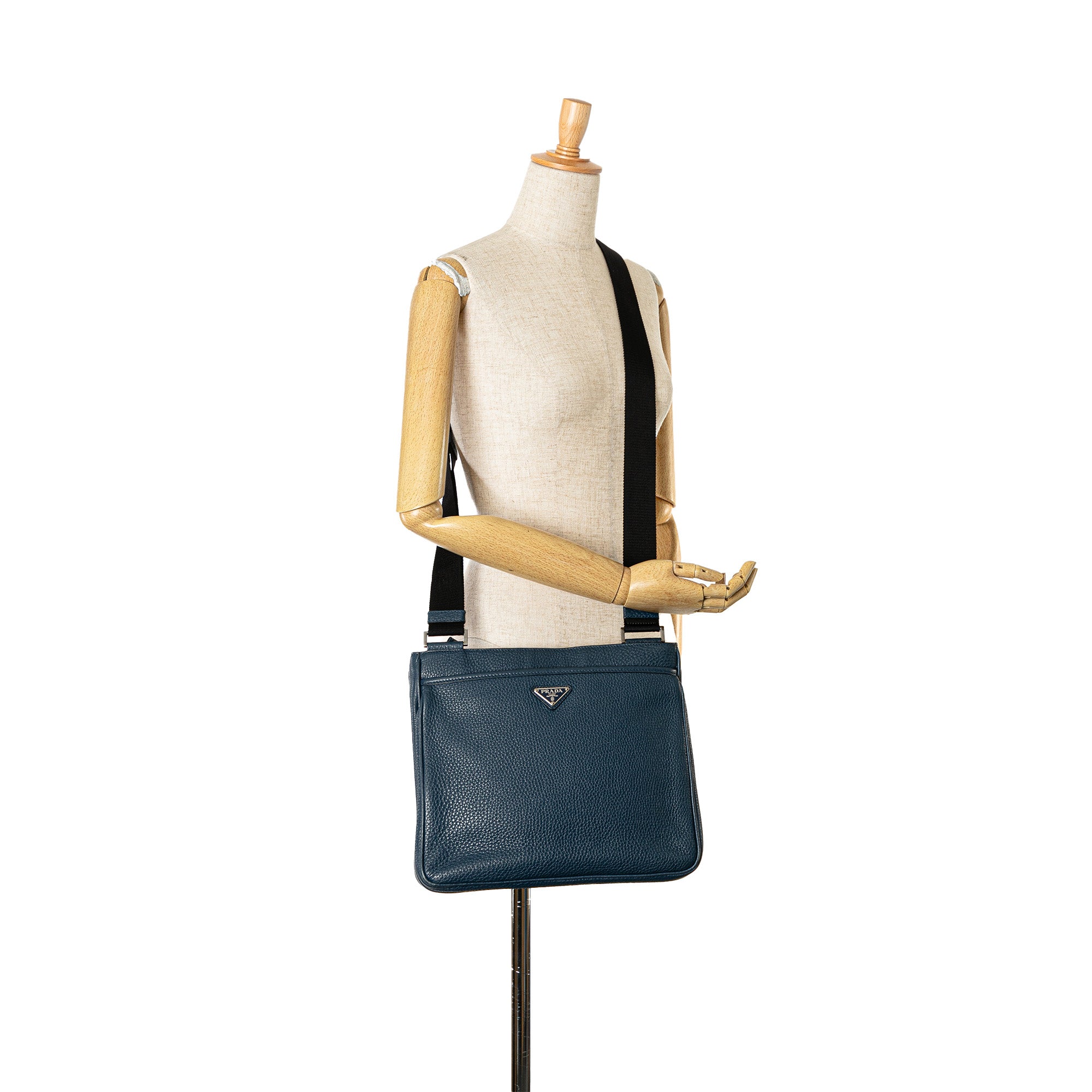 Prada | Pre-Owned Vitello Daino Zip Top Crossbody | Blue/Dark Blue