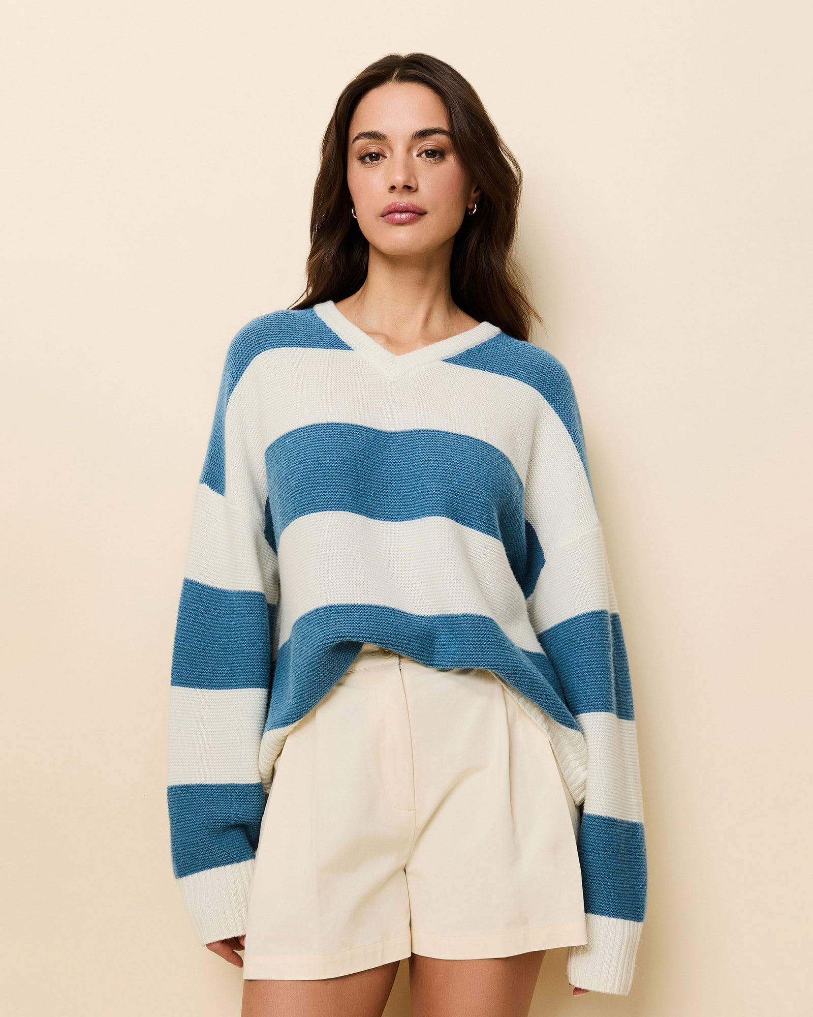 Women | Reva Cashmere Sweater | French Blue/Brule Stripe