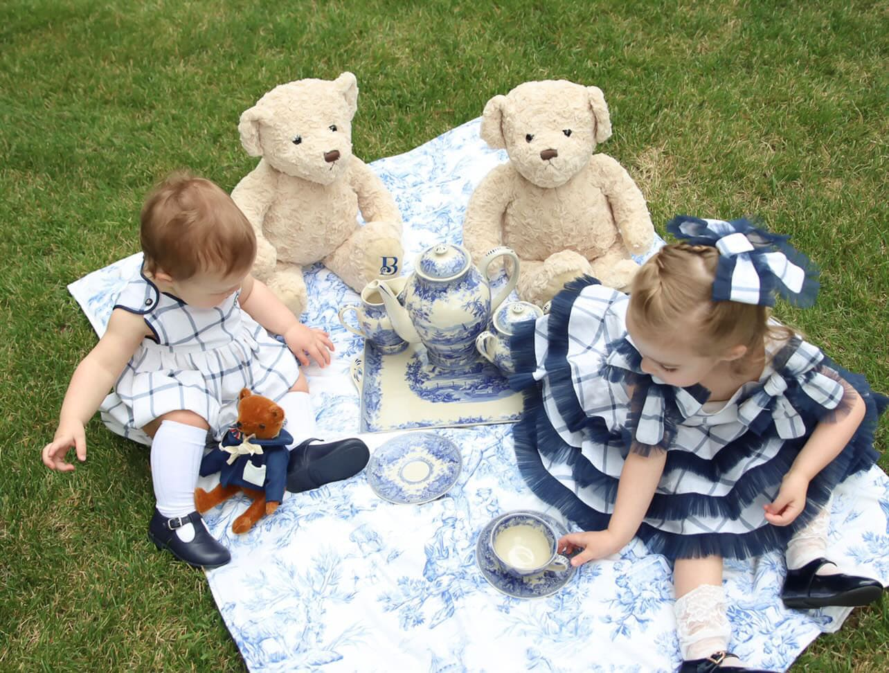 Baby Girls | Checkered Linen Tulle Dress | White x Blue