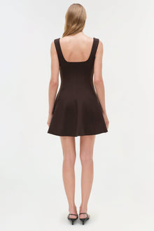 Black sleeveless mini dress with square neckline and fit-and-flare silhouette, shown on model from back view.