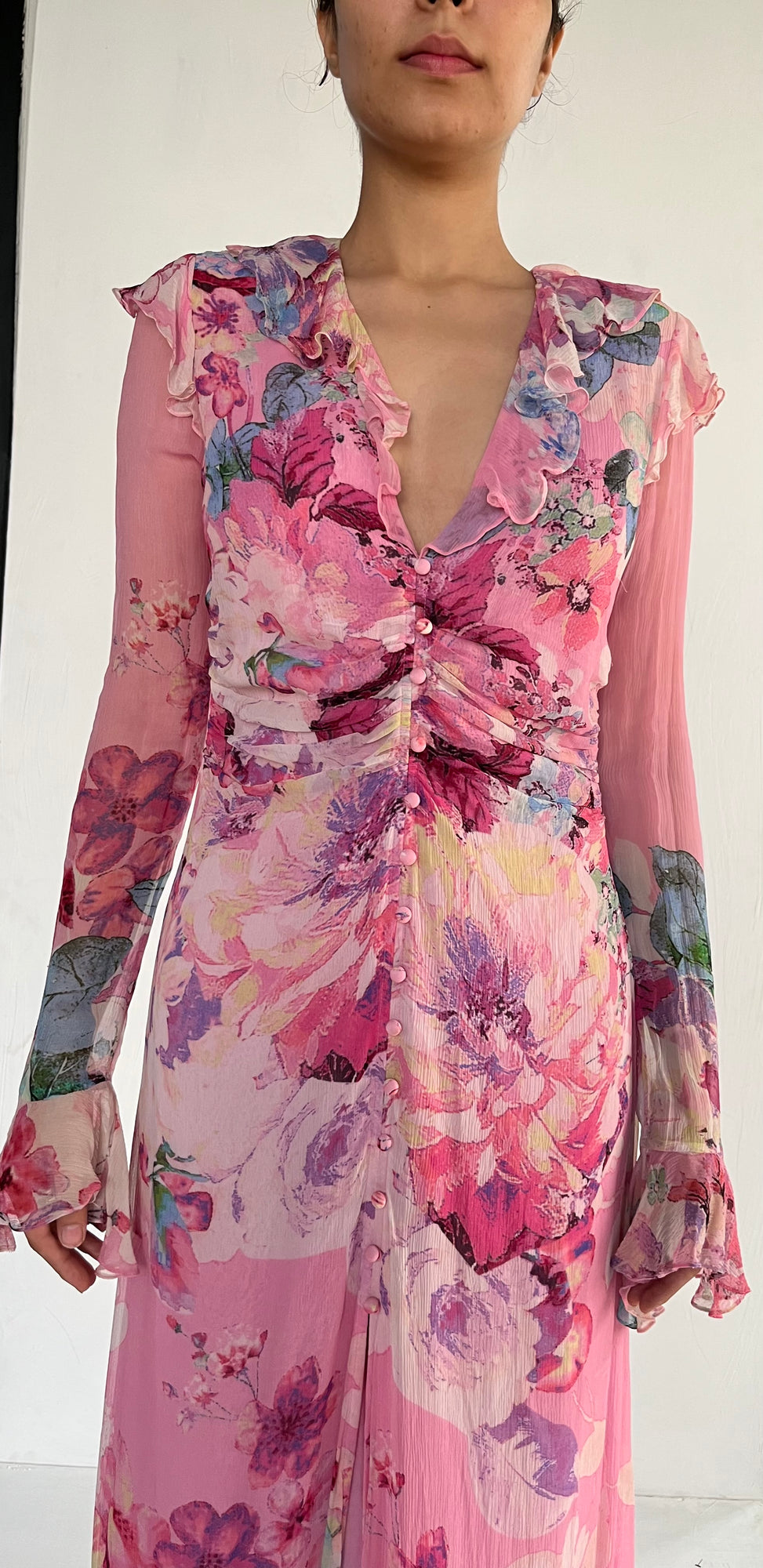 Hemant & Nandita | Z V-Neck Front Button Long Dress | Pink