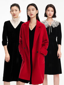 Lace Collar Velvet Knee Length Dress | Black