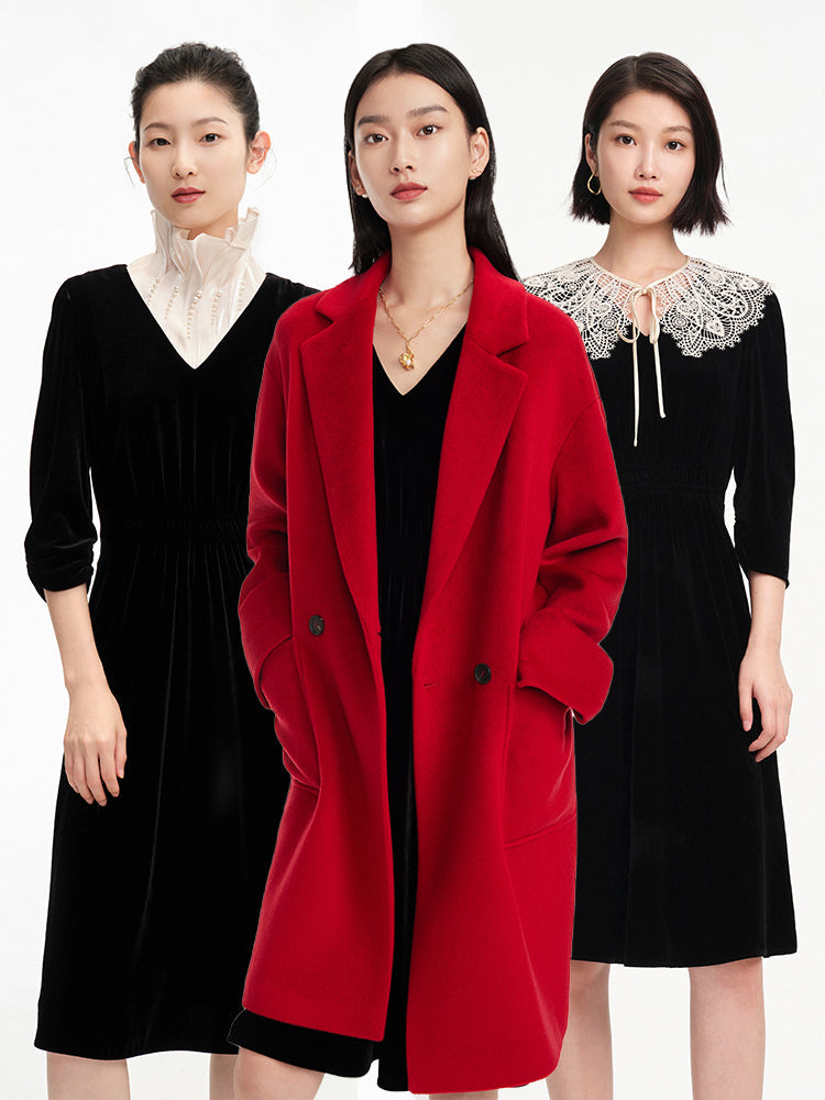 Lace Collar Velvet Knee Length Dress | Black