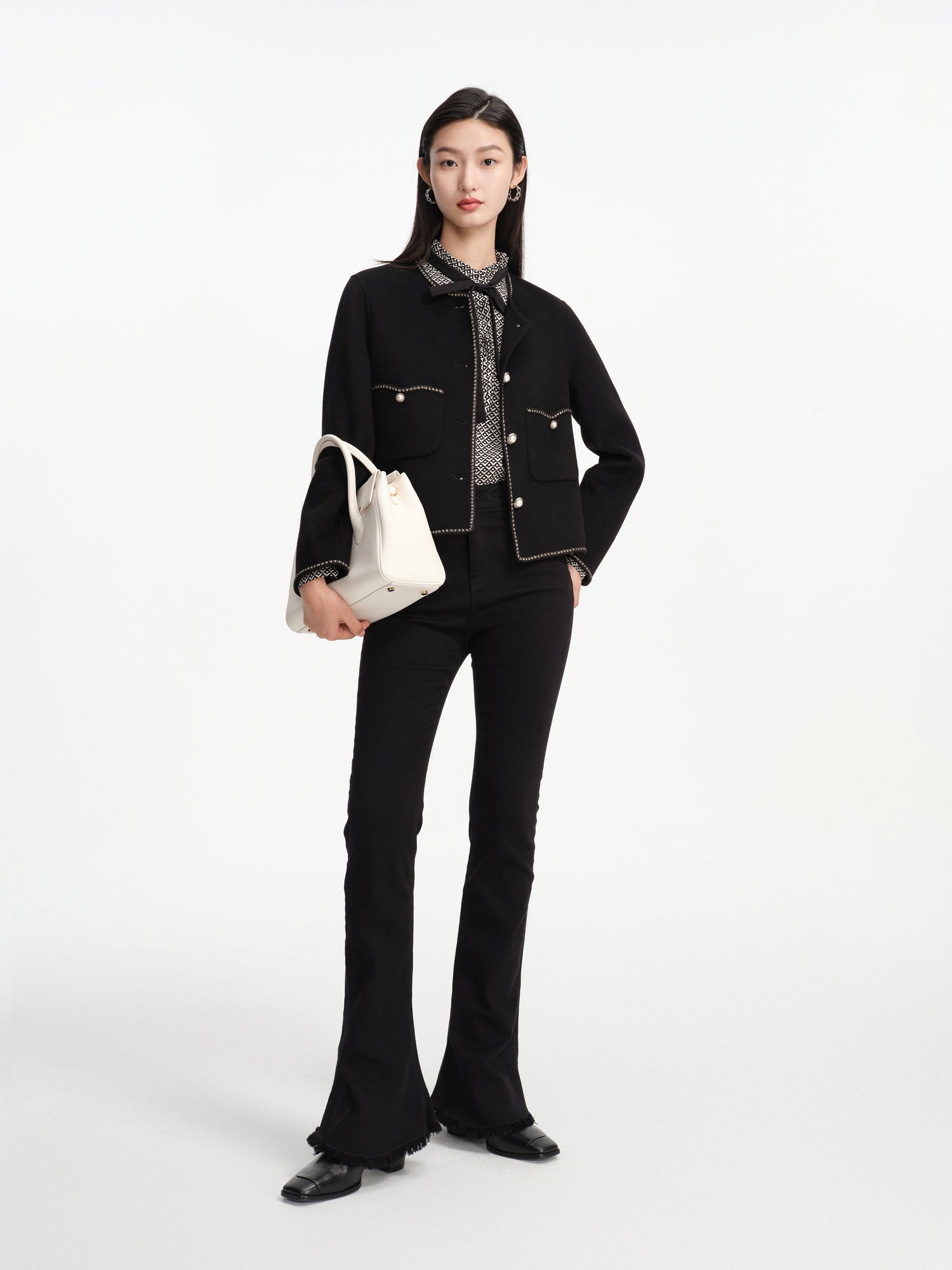 Trimmed Double Woolen Jacket | Black