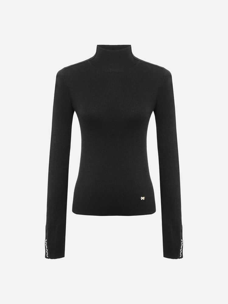 Pure Wool Solid Color Knit Sweater | Black