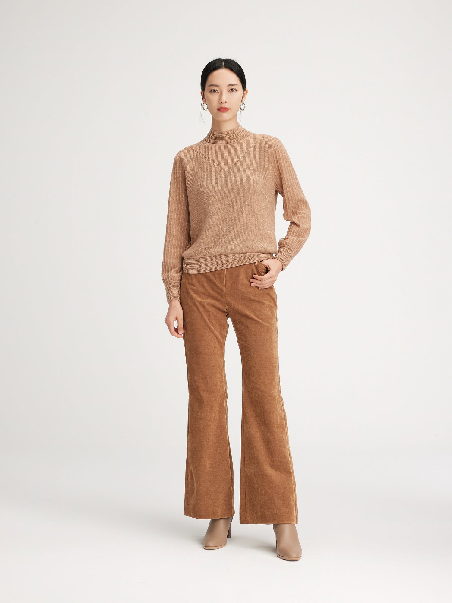 Chimney Collar Cashmere Knit Top | Camel