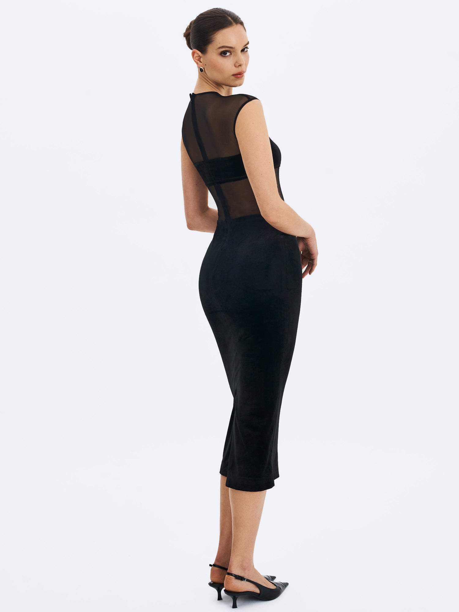 Miss Circle | Quielle Mesh and Velvet Midi Bodycon Dress