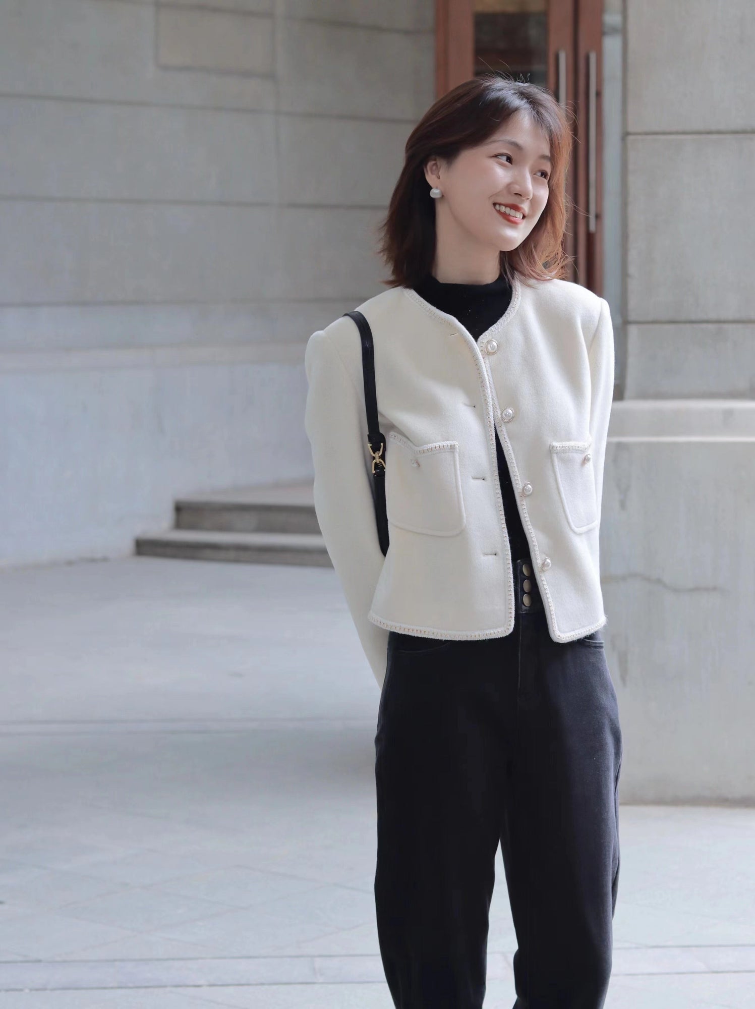 Trimmed Double Woolen Jacket | White