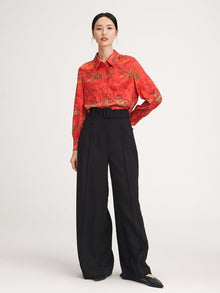 Chinese-Style Printed Belted Blouse | Red