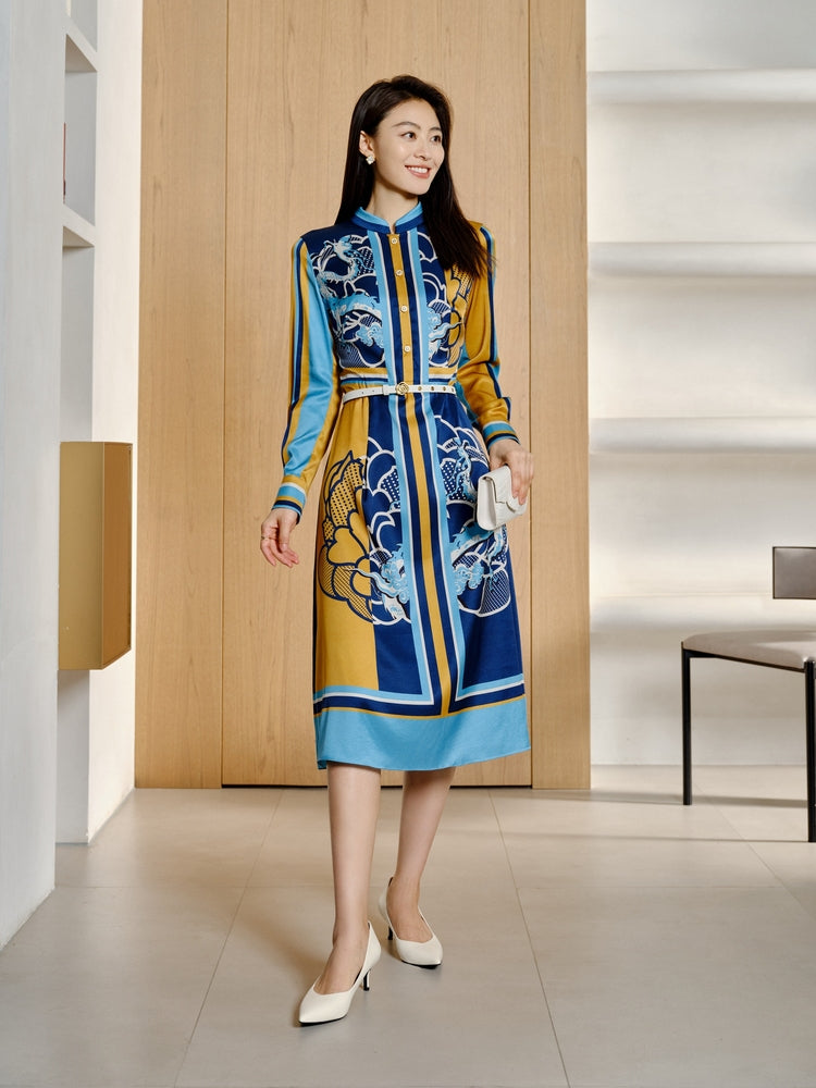 Printed Silk Dress | Blue