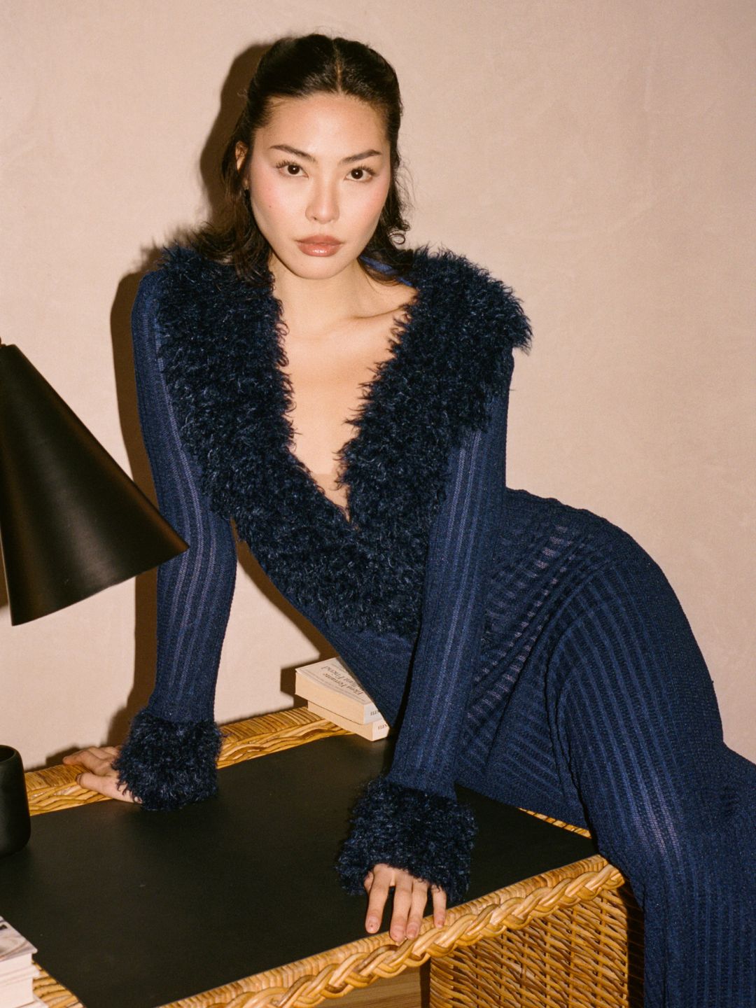 Miss Circle | Romina Plunging Fur Trimmed Crochet Maxi Dress